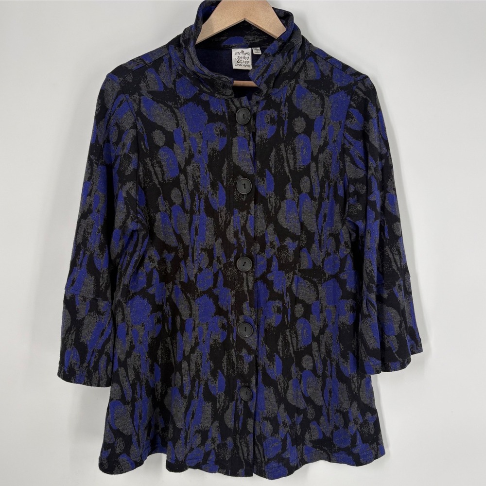 Parsley & Sage Womens Blue Abstract Print Button Front Mock Neck Cardigan Size M